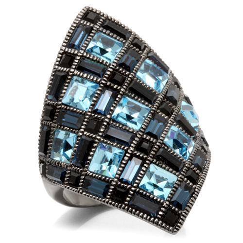 0W235 - Ruthenium Brass Ring with Top Grade Crystal  in Sea Blue