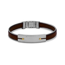 Cargar imagen en el visor de la galería, 8.5&quot; Stainless Steel and Leather Men&#39;s Bracelet with 18 Karat Gold Accents