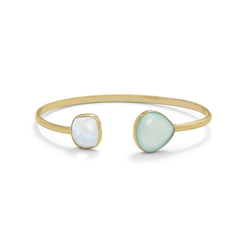 14 Karat Gold Plated Rainbow Moonstone and Green Chalcedony Split Bangle