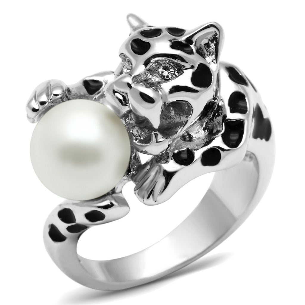 3W297 - Rhodium Brass Ring with Synthetic Pearl in White