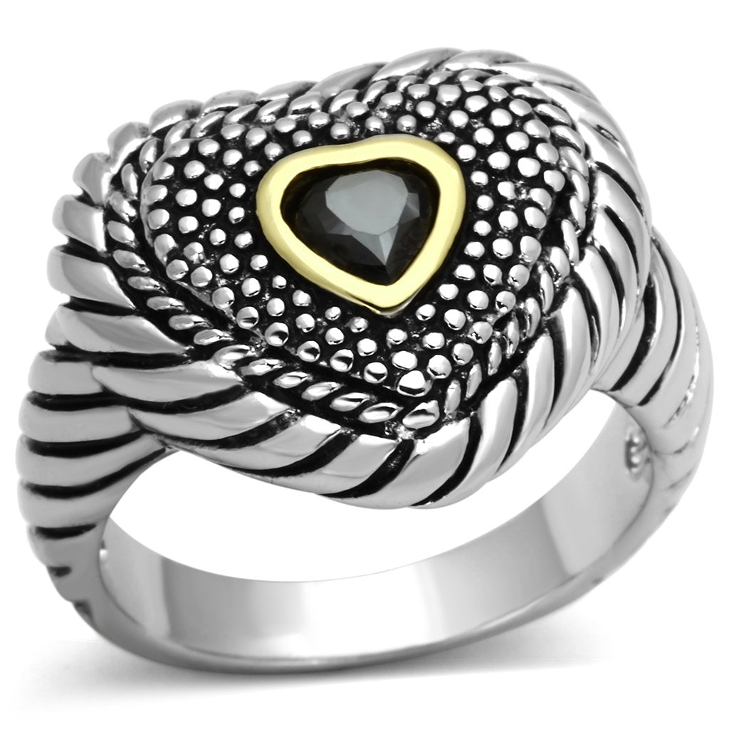 3W334 - Reverse Two-Tone Brass Ring with AAA Grade CZ  in Black Diamond