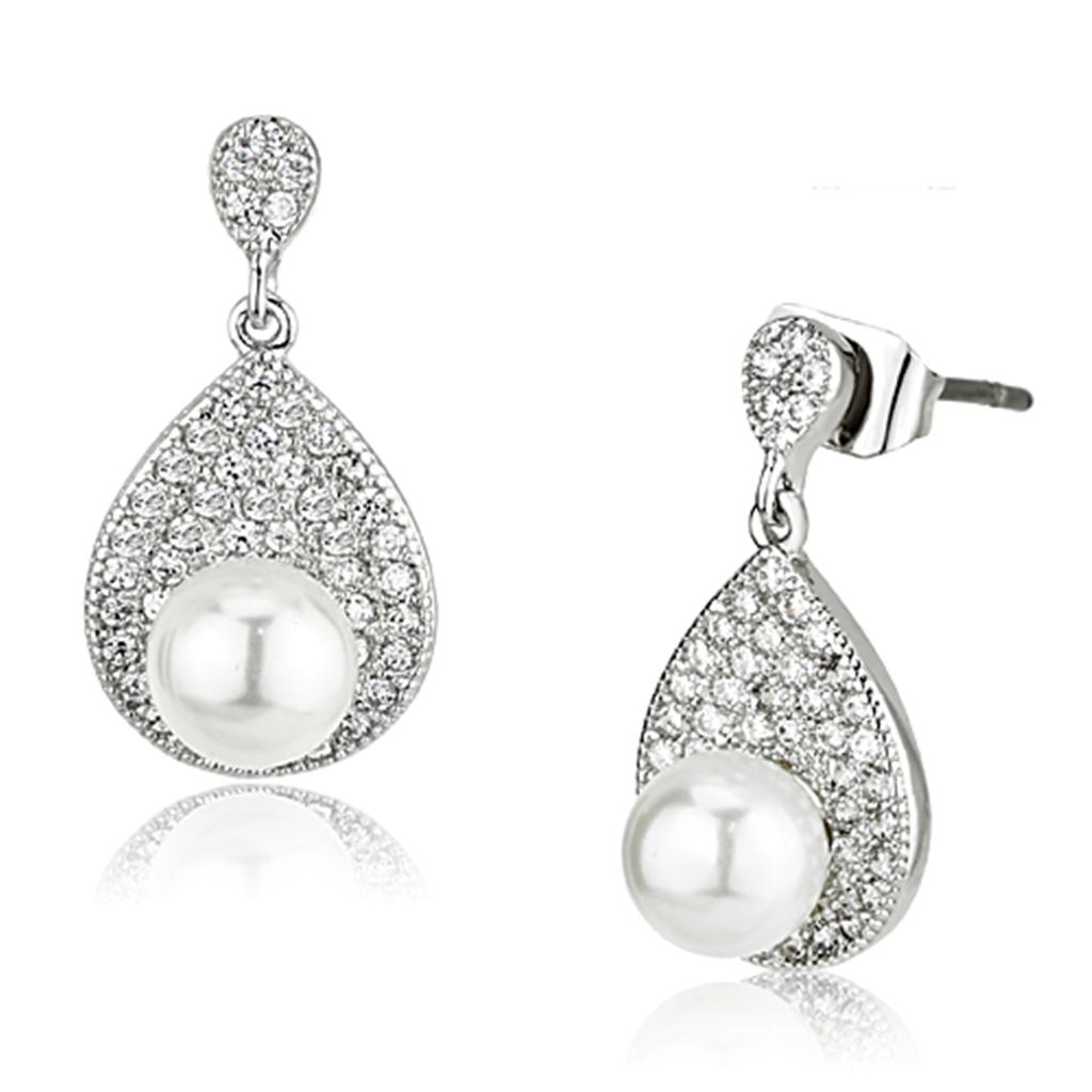 3W384 - Rhodium Brass Earrings with Synthetic Pearl in White