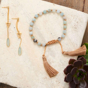 14 Karat Gold Plated Lariat Style Earrings with Chalcedony Drop