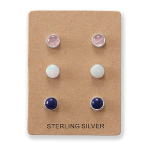 Set of 3 Synthetic White Opal, Lapis, and Rose Quartz Button Studs