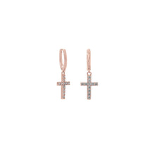 Load image into Gallery viewer, 14 Karat Rose Gold Plated Hoop Earrings with CZ Cross