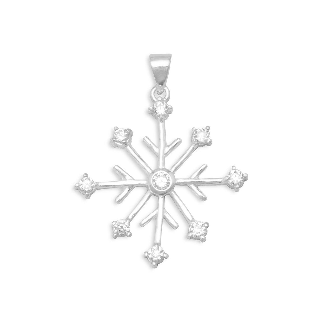 Rhodium Plated 8 Point Snowflake/9 CZ Pendant