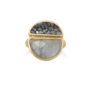 14 Karat Gold Plated Labradorite and Diamond Chips Ring