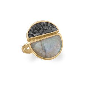 14 Karat Gold Plated Labradorite and Diamond Chips Ring